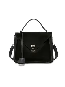 Black matte leather messenger bag with silver twist lock and top handle on white background