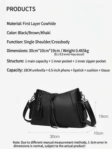 Genuine leather black tote shoulder bag with dimensions 30x10x19cm and internal storage info