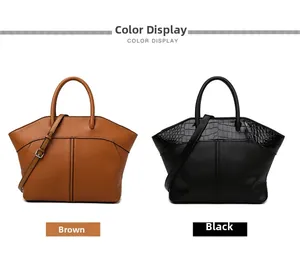 Detail display of brown and black leather tote bags with crocodile texture and shoulder straps