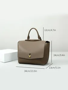 Taupe leather tote bag with gold hardware and detailed dimensions on white background