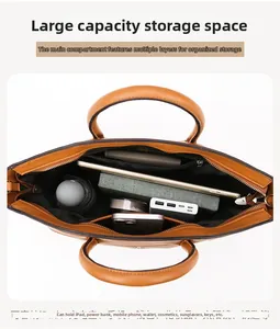 Detailed interior of caramel leather tote bag showing large capacity and multi-layer pockets