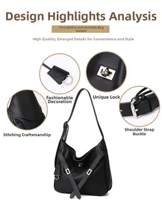 Detail view showing the silver lock, precision stitching, and buckle of the black hobo bag