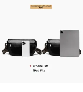 Détail de la grande capacité du sac demi-lune en cuir noir avec un iPad et un iPhone