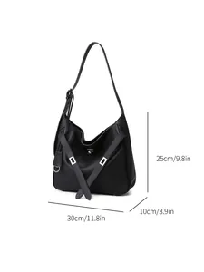 Minimalist black leather tote shoulder bag with silver buckle and adjustable strap
