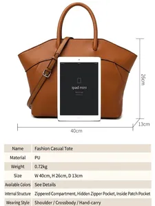 Caramel brown PU leather wing tote bag with size guide and iPad mini for scale