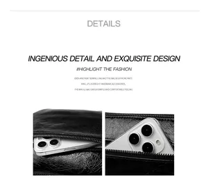 Détail de la texture cuir noir craquelé et du compartiment interne pour téléphone portable