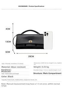 Detailed dimensions of the black leather shoulder bag with gold rotating lock clasp