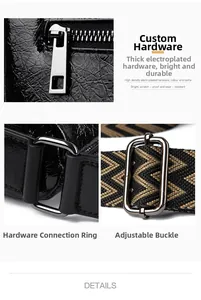 Détail de la ferronnerie argentée et bandoulière réglable à chevrons sur sac en cuir noir