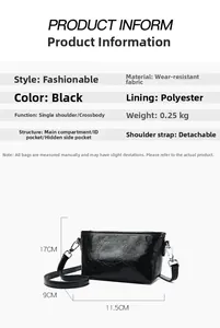 Detailed size chart and specifications for the black crossbody bag with three compartments