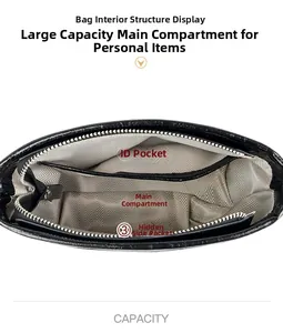 Interior view of leather crossbody bag featuring grey herringbone lining and compartments