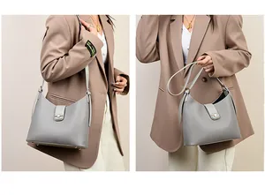 Grey leather bucket bag for women, stylish single shoulder crossbody bag for daily work.