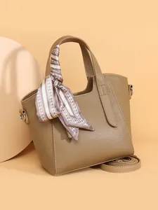 Sac Seau en Cuir Véritable pour Femme Texture Litchi Sac à Main en Vachette Avec Foulard en Soie Sac à Bandoulière Polyvalent