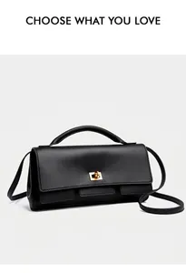Detail of black matte leather crossbody bag with premium gold rectangular twist lock closure