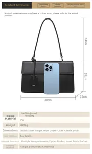 Detailed size specifications of the black PU leather shoulder bag with dimensions and weight