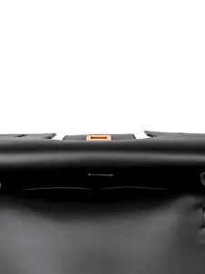 Minimalist black leather crossbody bag with gold square rotary lock and accordion layers