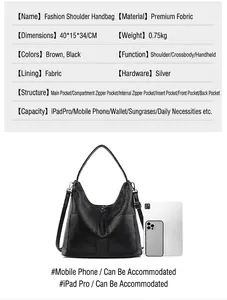 Detailed view of black pebbled leather tote showing 40x15x34cm size and interior compartments