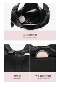 Detailed view of black lychee grain leather tote with multiple functional pockets