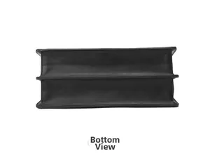 Detail view of the accordion style double-layered bottom of this black leather handbag