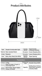 Detailed view of black litchi leather handbag with multi-layer inner pockets and strap