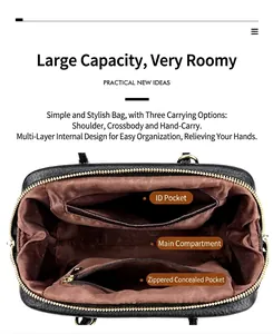 Internal structure of black leather tote bag with functional pockets and gold zippers