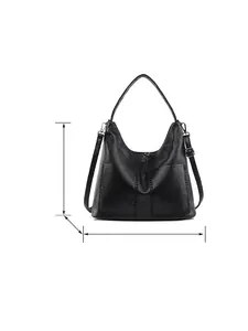 Large black pebbled tote bag for women with dual handles and dimensions shown on white background