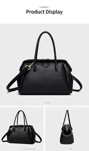 Three-angle views of black leather handbag featuring premium lychee grain texture and gold hardware