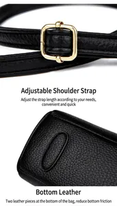 Detail of adjustable black pebble leather shoulder strap with gold buckle and reinforced base