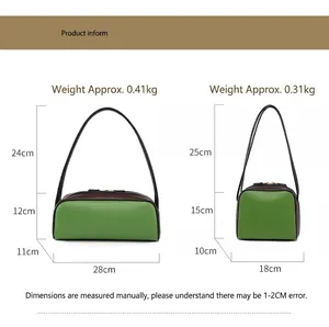 Tabla comparativa de tallas para bolsos de hombro verdes con medidas detalladas