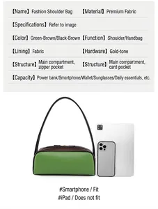 Comparación de tamaño del bolso bandolera verde con móvil y objetos diarios
