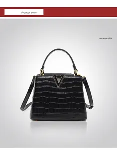 Vue de face du sac à main noir à motif crocodile avec boucle en V dorée et poignée ronde