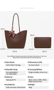 Detailed size comparison and specifications for the large brown faux leather tote bag set