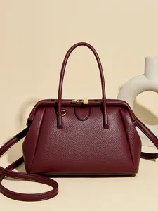 Women PU Leather Litchi Texture Handbag Minimalist Doctor Bag With Adjustable Shoulder Strap Golden Hardware Commuting Tote Bag