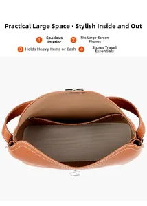 Top view of large capacity brown leather bag interior with multiple storage compartments