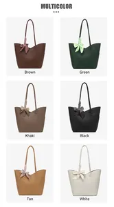 Detailed grid view of minimalist tote bags in six colors with decorative silk scarves