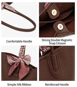 Detail view of brown tote bag showing ribbon, magnetic snap, and reinforced stitching