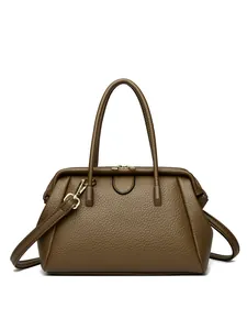 Classic dark khaki lychee grain leather handbag with gold hardware and top handles
