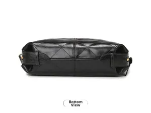 Detailed bottom view of the black quilted rhombus pattern crossbody bag with leather texture