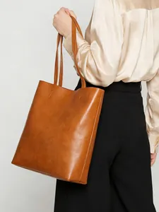 Women Genuine Leather Tote Bag Large Capacity Oil Wax Cowhide Minimalist Shoulder Bag Fashion Commuting Handbag Glossy Retro Bag