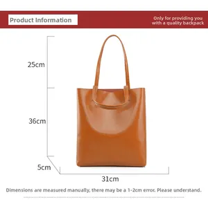 Detailed dimensions of brown wax leather tote bag: 31cm width, 36cm height, 5cm depth