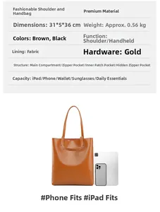 Brown leather tote bag dimensions 31x5x36cm and capacity comparison with iPad and phone