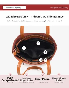 Internal view of the leather tote bag showing multi-layer compartments and storage pockets