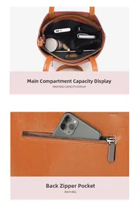 Detail view of large main compartment and back zipper pocket on leather tote bag