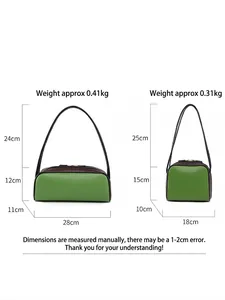 Guía de tallas de bolsos de hombro de cuero verde y marrón en dos dimensiones diferentes