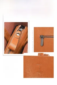 Detail of gunmetal hardware, smooth zipper and stitching on the brown leather tote bag