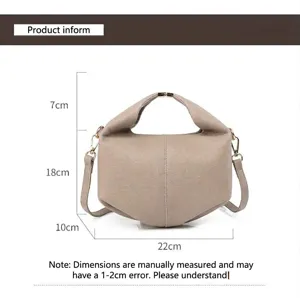 Detailed size chart of a beige pebbled leather handbag showing dimensions 22x18x10cm