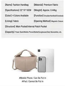Detailed size comparison of beige crossbody bag with mobile phone and tablet scale