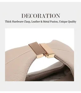 Close-up of premium beige lychee leather and polished gold rectangular metal buckle