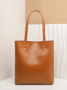 Minimalist vintage brown oil wax leather tote bag with large capacity and shoulder straps