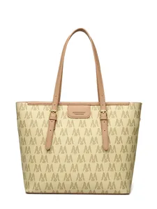 Bolso tote crema con ribete de cuero marrón y jacquard con patrón M para uso diario