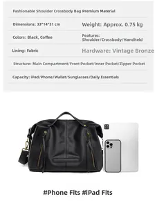 Detail view of black pebble leather tote bag showing 33x14x31cm dimensions and capacity
